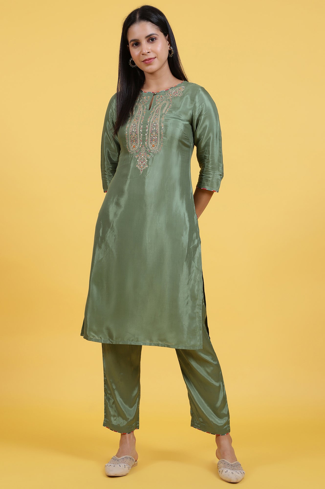 Light Green Embroidered Shantung Straight Kurta