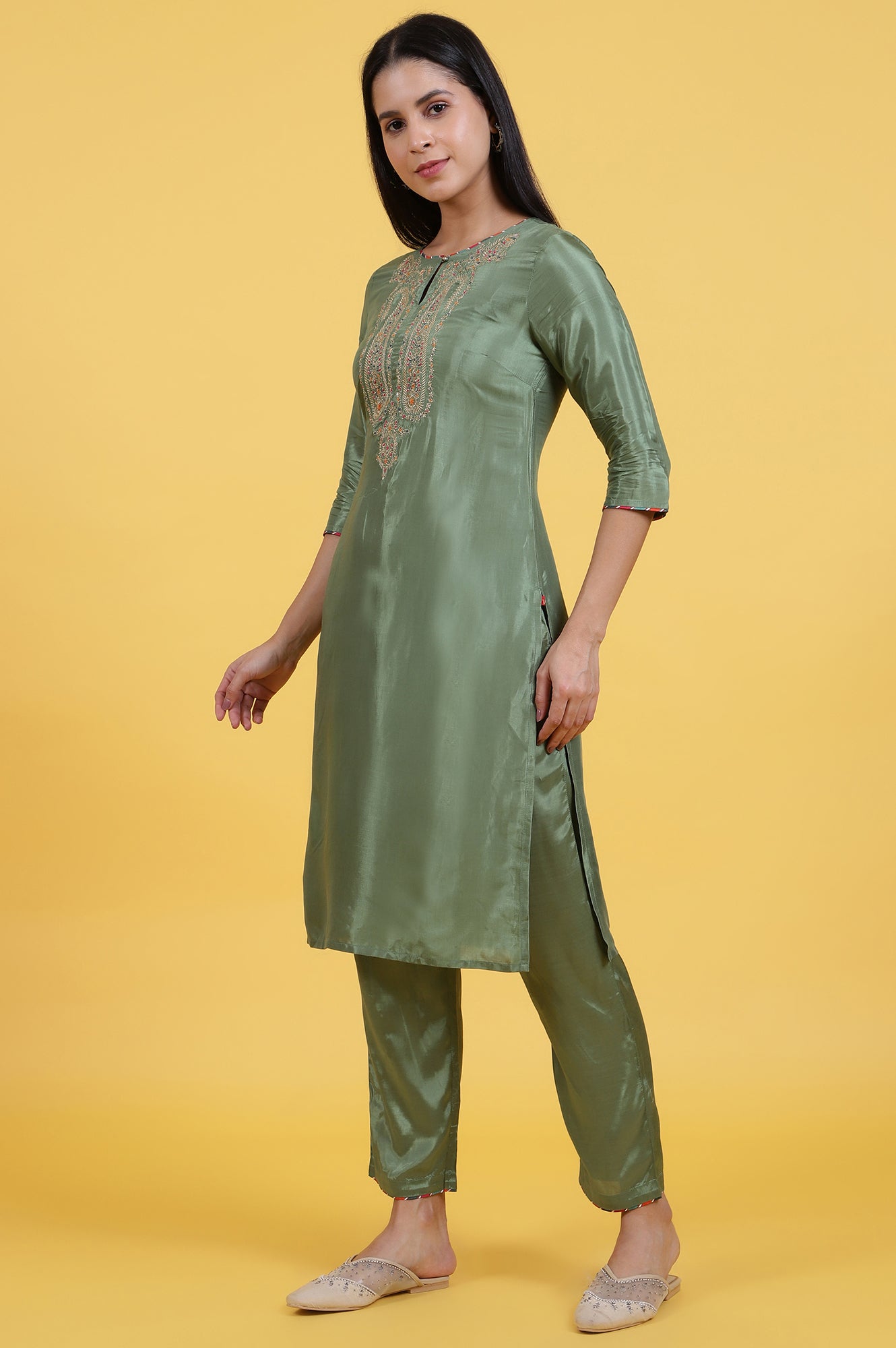 Light Green Embroidered Shantung Straight Kurta