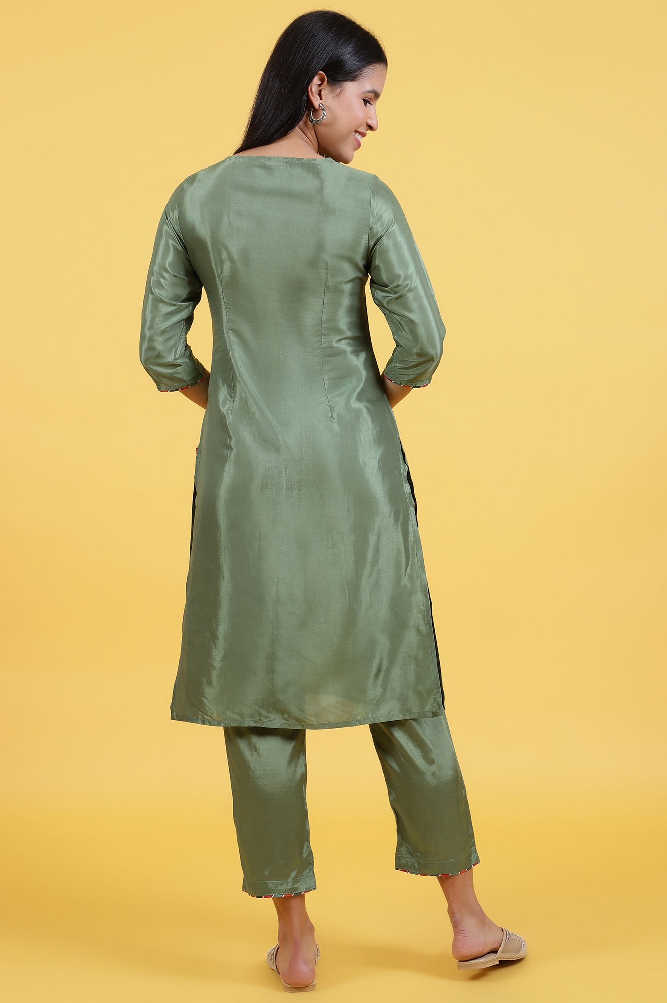 Light Green Embroidered Shantung Straight Kurta