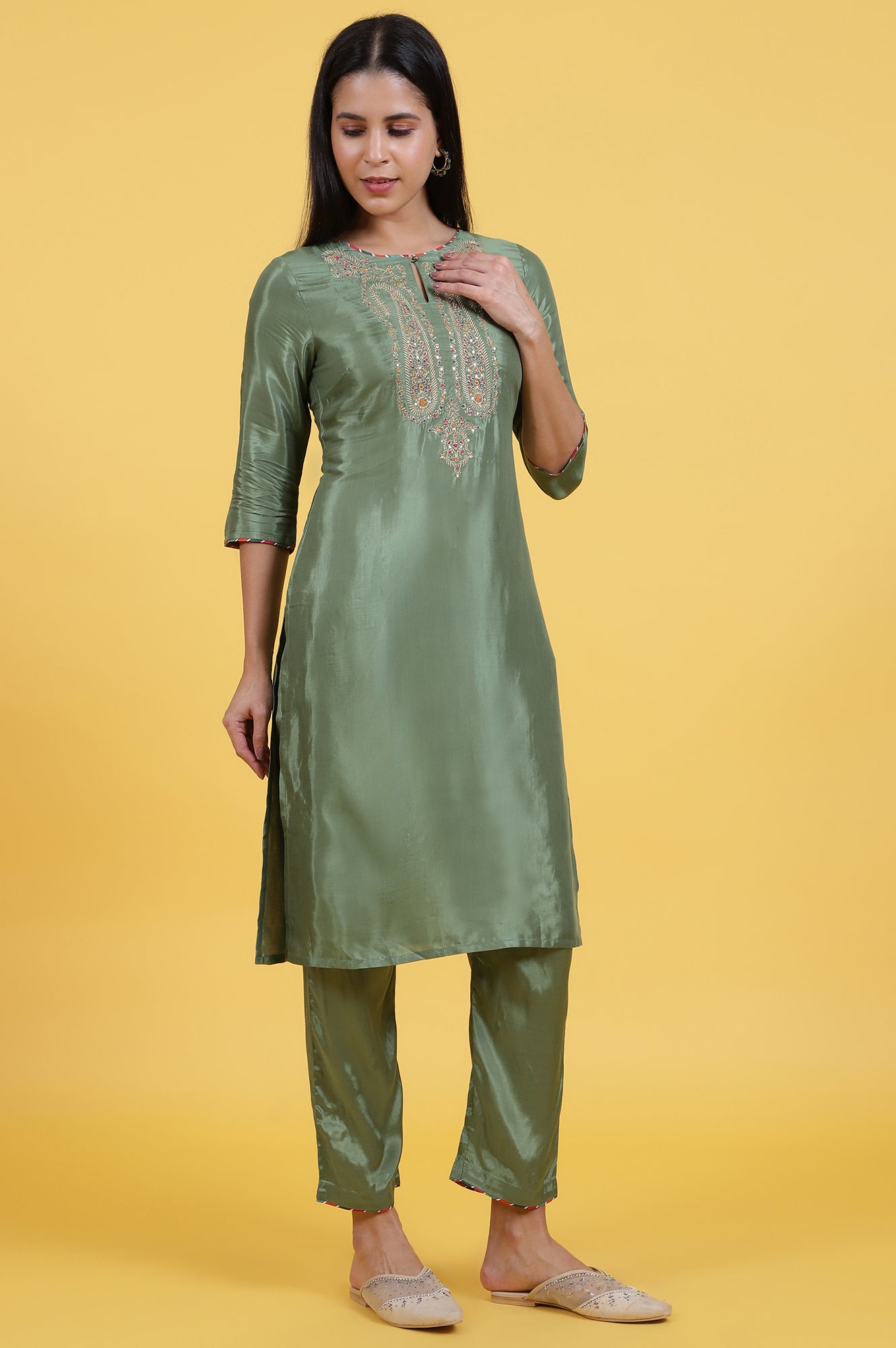 Light Green Embroidered Shantung Straight Kurta