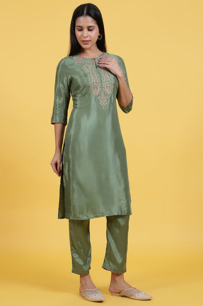 Light Green Embroidered Shantung Straight Kurta