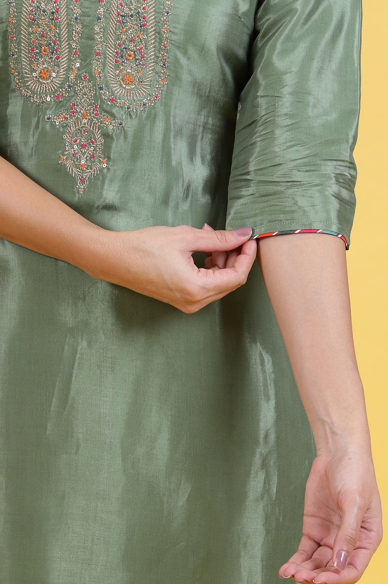 Light Green Embroidered Shantung Straight Kurta