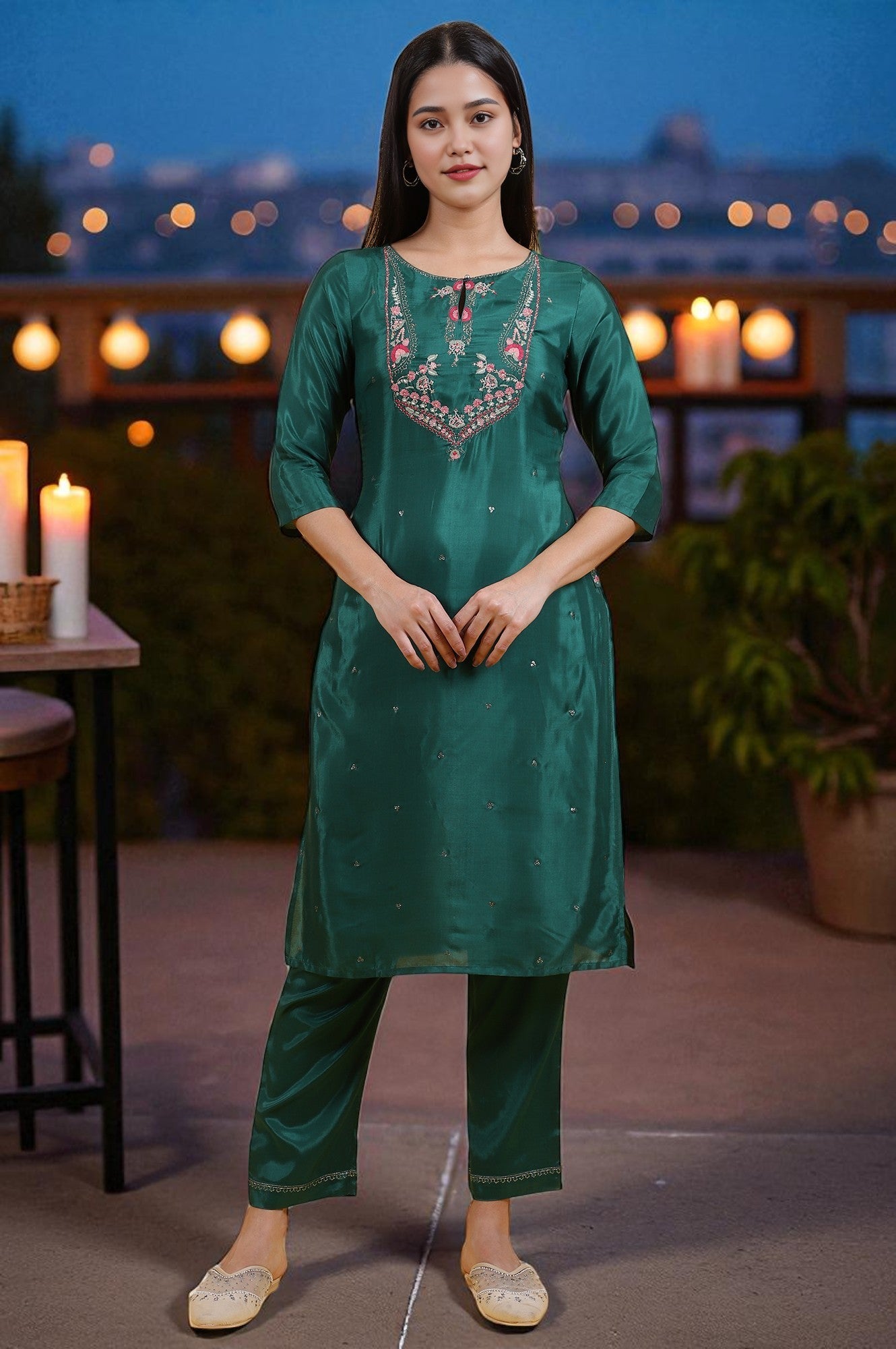 Green Thread Embroidered Straight Festive Kurta