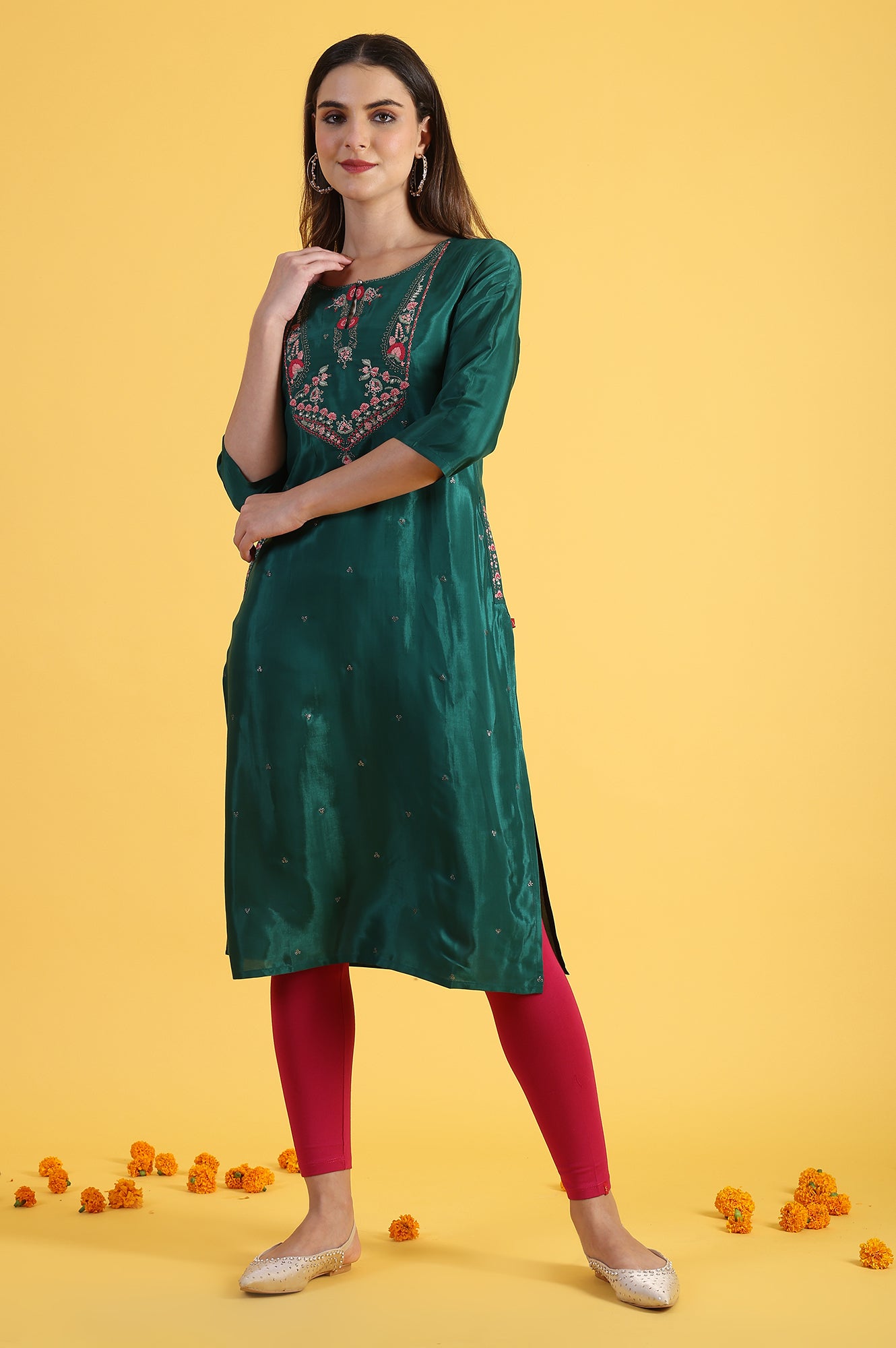 Green Thread Embroidered Straight Festive Kurta 