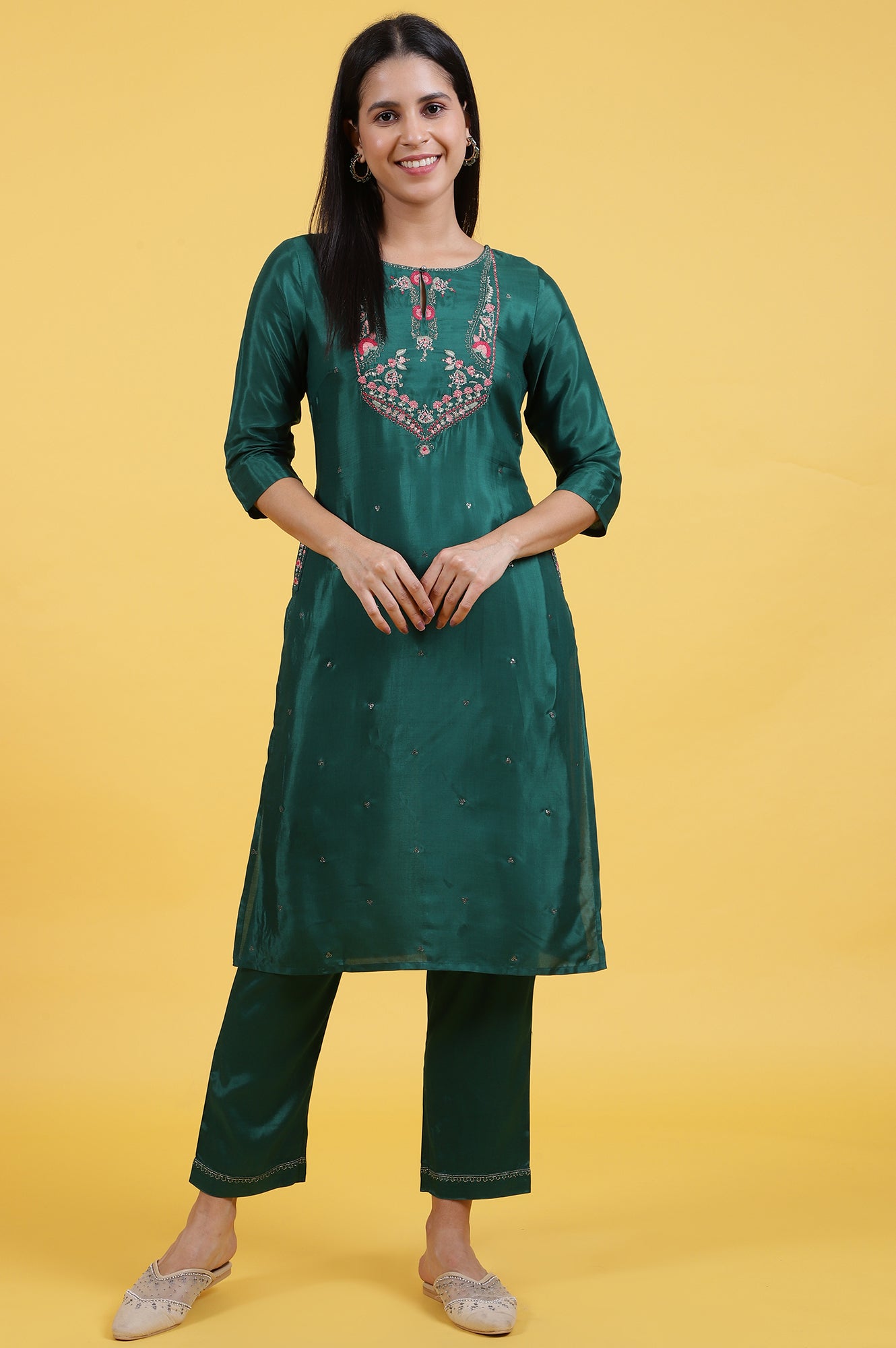 Green Thread Embroidered Straight Festive Kurta