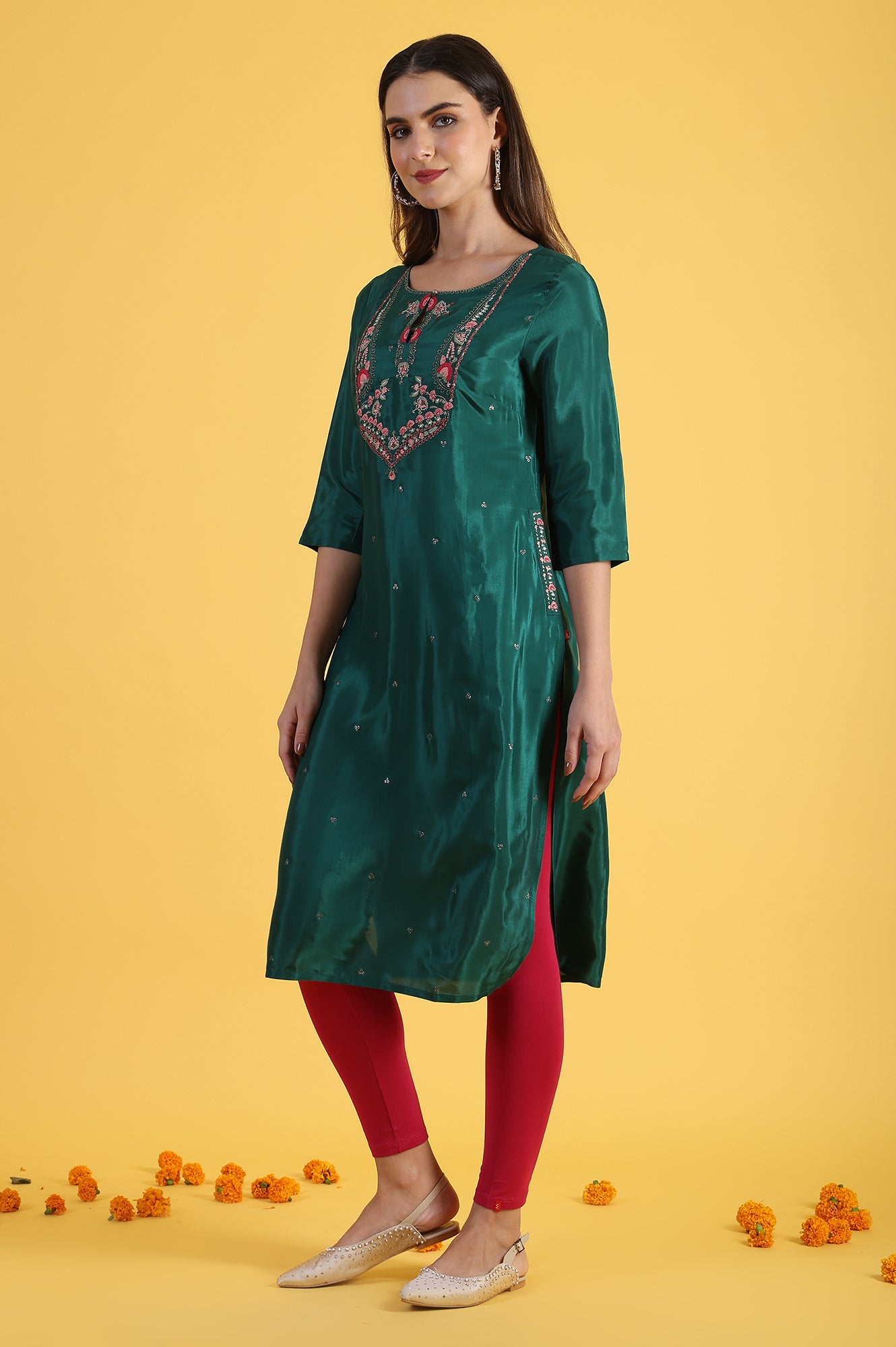 Green Thread Embroidered Straight Festive Kurta 