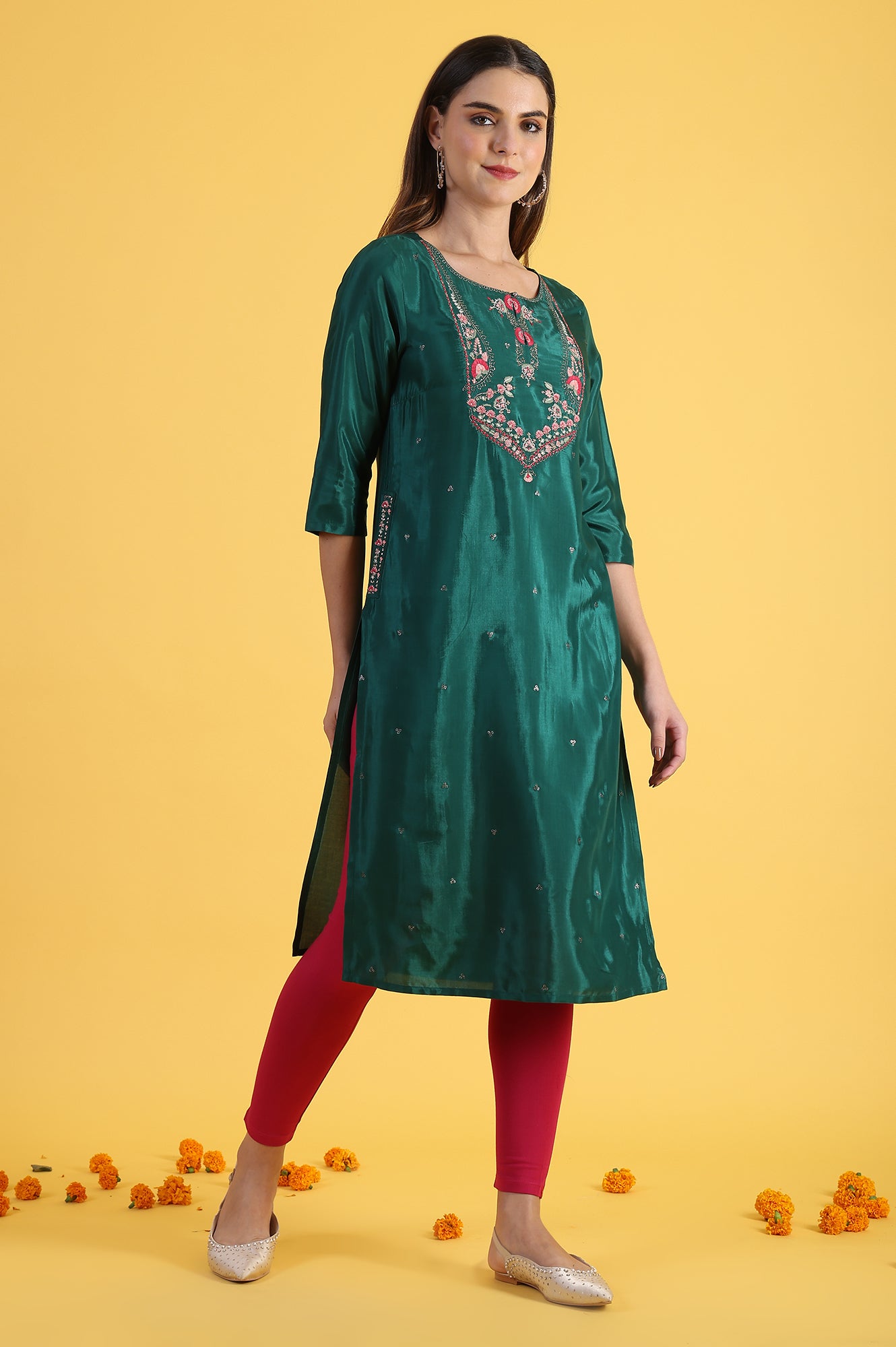 Green Thread Embroidered Straight Festive Kurta 