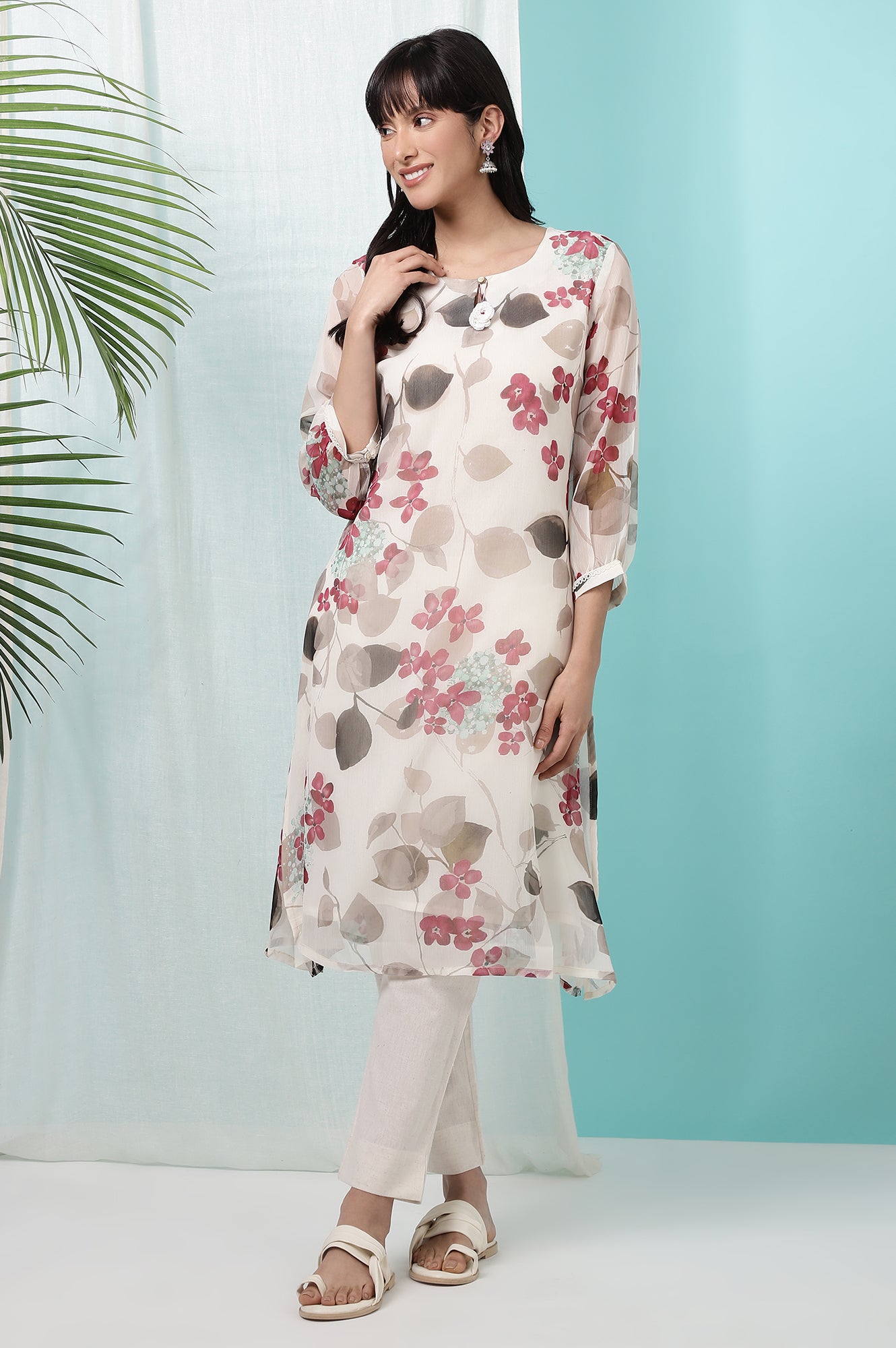 Off-White Floral Printed Chiffon Straight Kurta with Lace