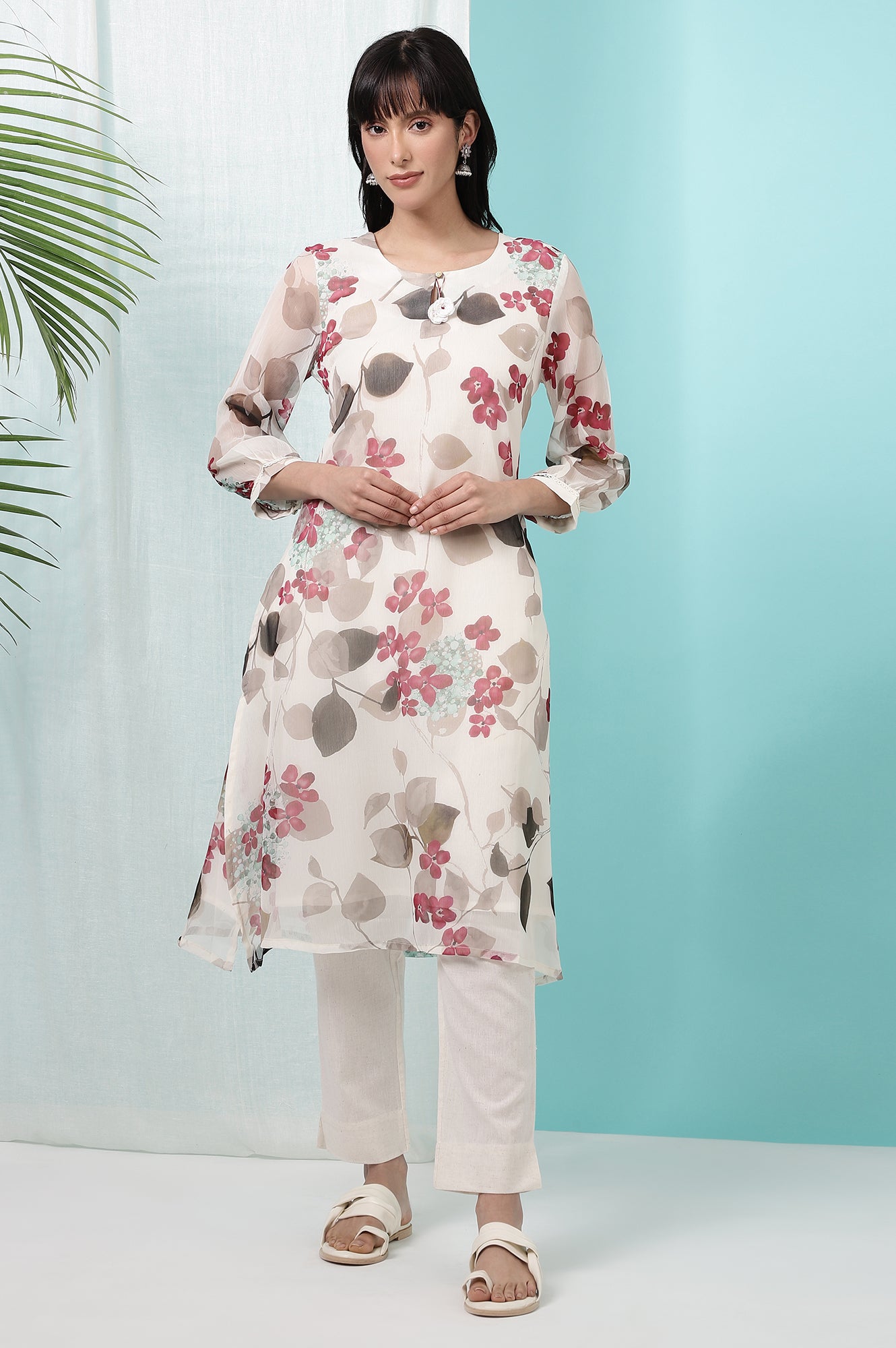 Off-White Floral Printed Chiffon Straight Kurta with Lace