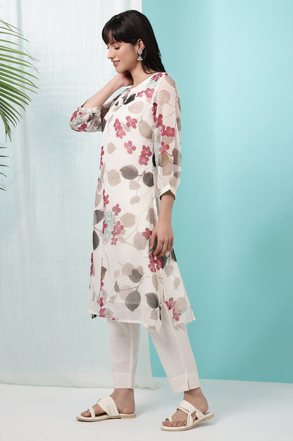Off-White Floral Printed Chiffon Straight Kurta with Lace