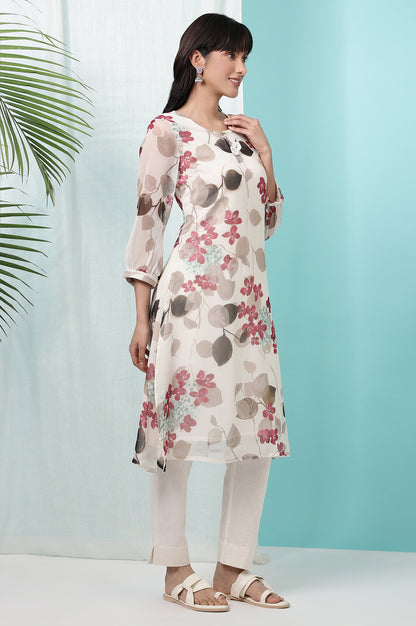 Off-White Floral Printed Chiffon Straight Kurta with Lace