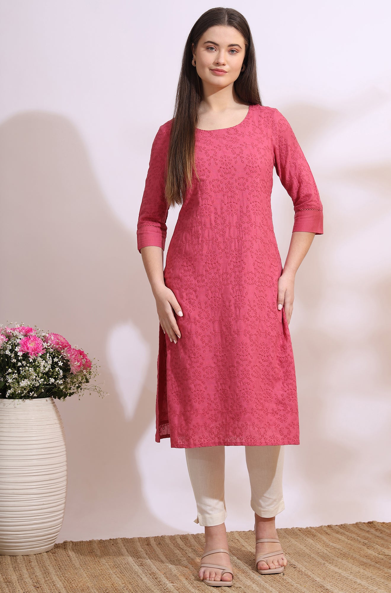 Pink Floral Schiffli Embroidered Straight Kurta in Round Neck