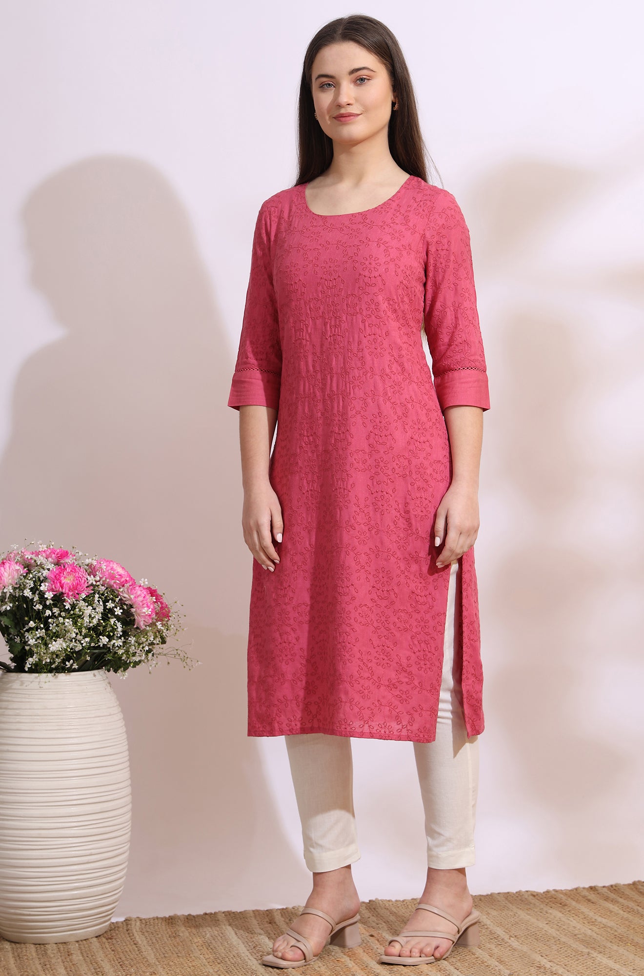 Pink Floral Schiffli Embroidered Straight Kurta in Round Neck