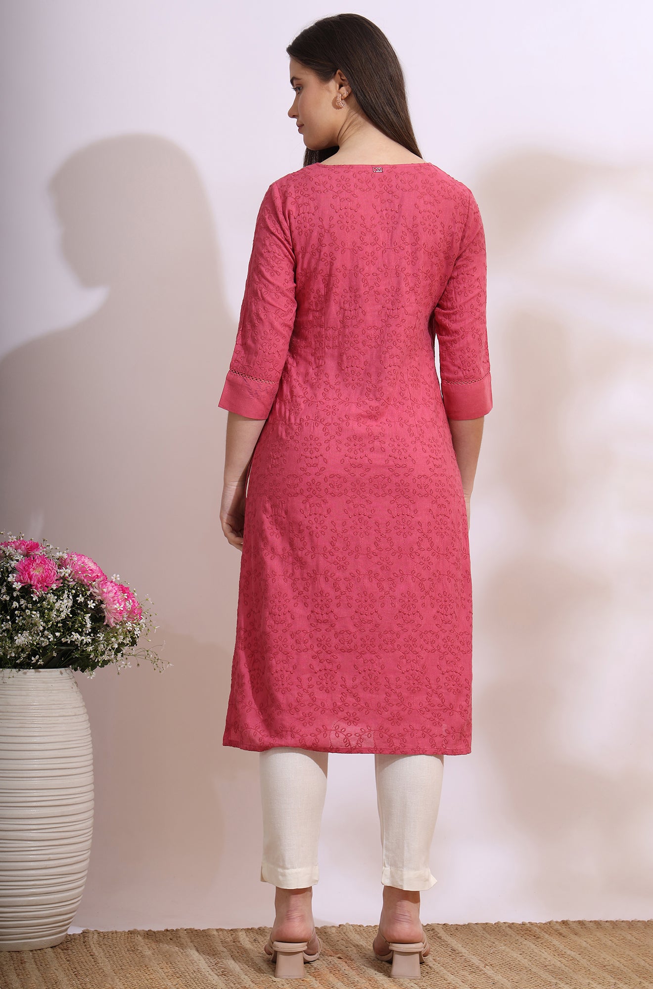 Pink Floral Schiffli Embroidered Straight Kurta in Round Neck