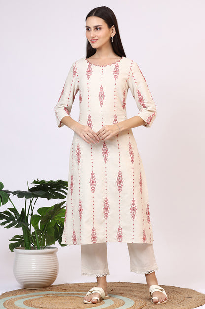 Light Beige Thread Embroidered Cotton Flax Straight Kurta
