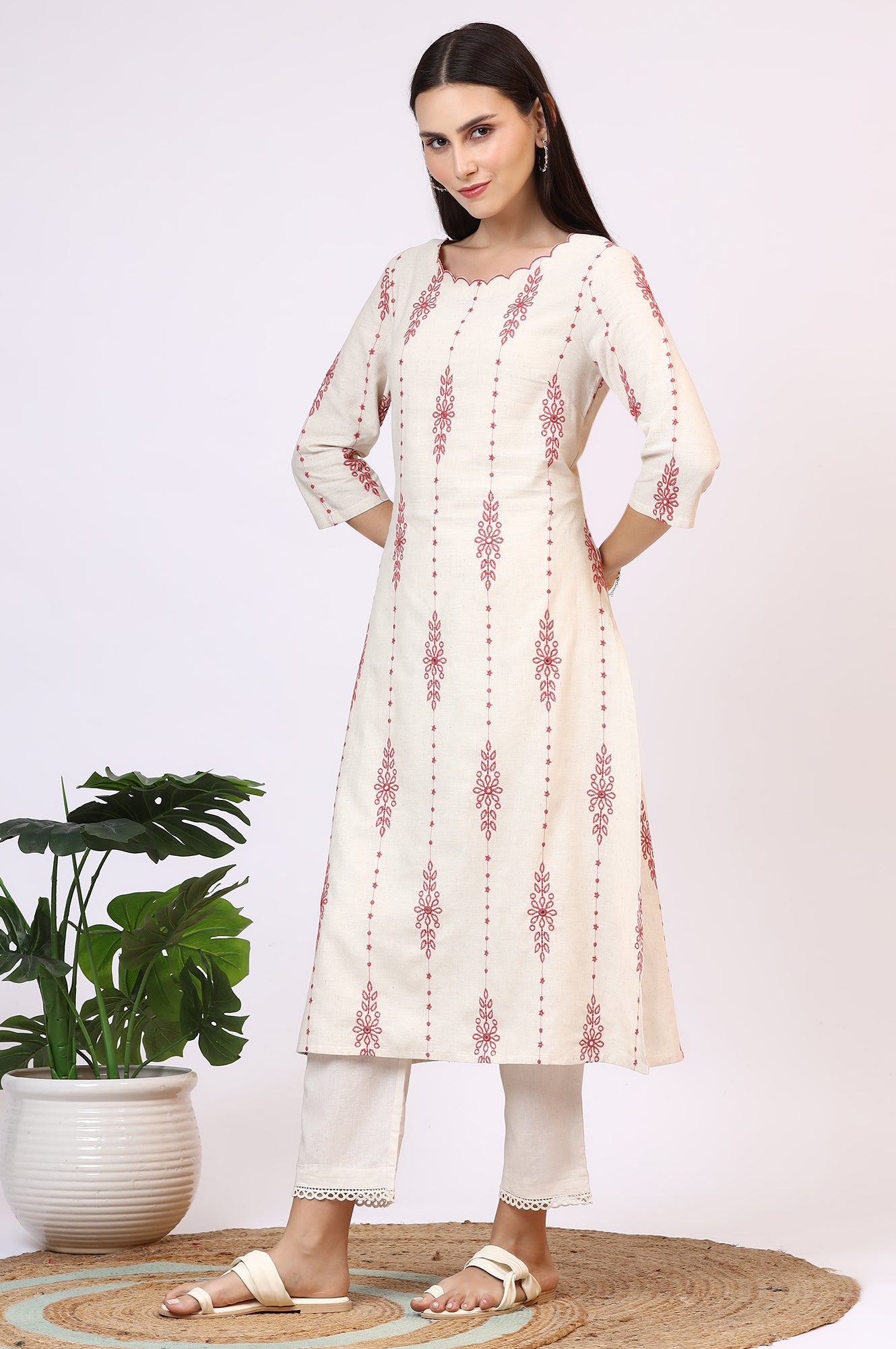 Light Beige Thread Embroidered Cotton Flax Straight Kurta
