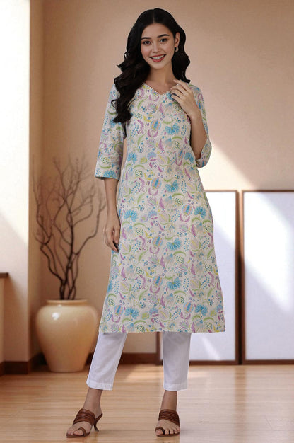 Light Beige Floral Printed Pure Cotton Straight Kurta