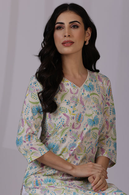 Light Beige Floral Printed Pure Cotton Straight Kurta