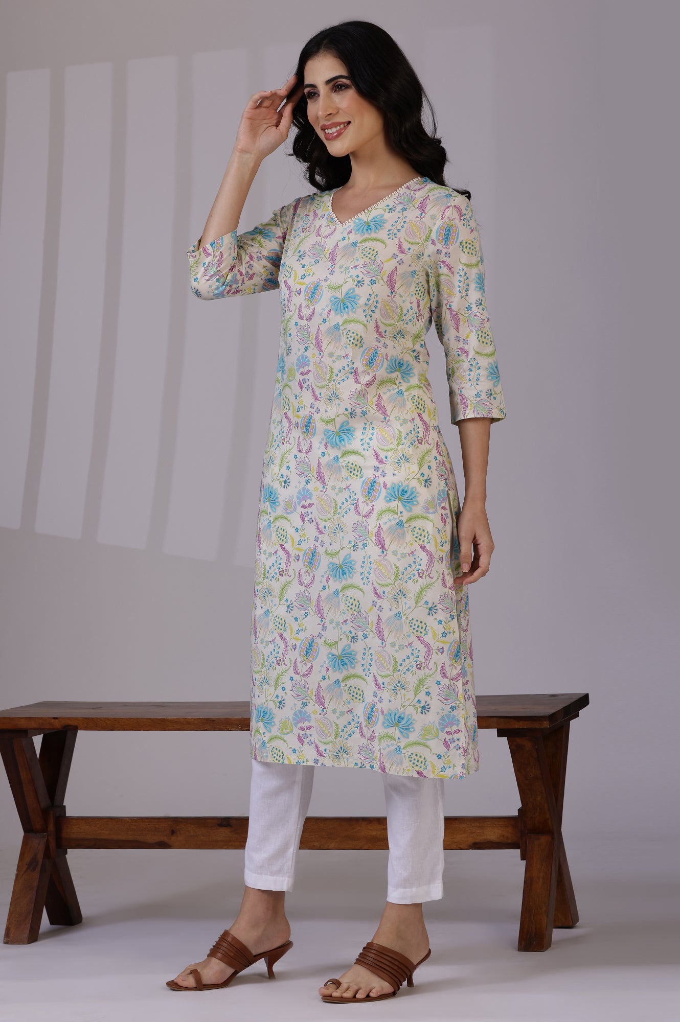 Light Beige Floral Printed Pure Cotton Straight Kurta