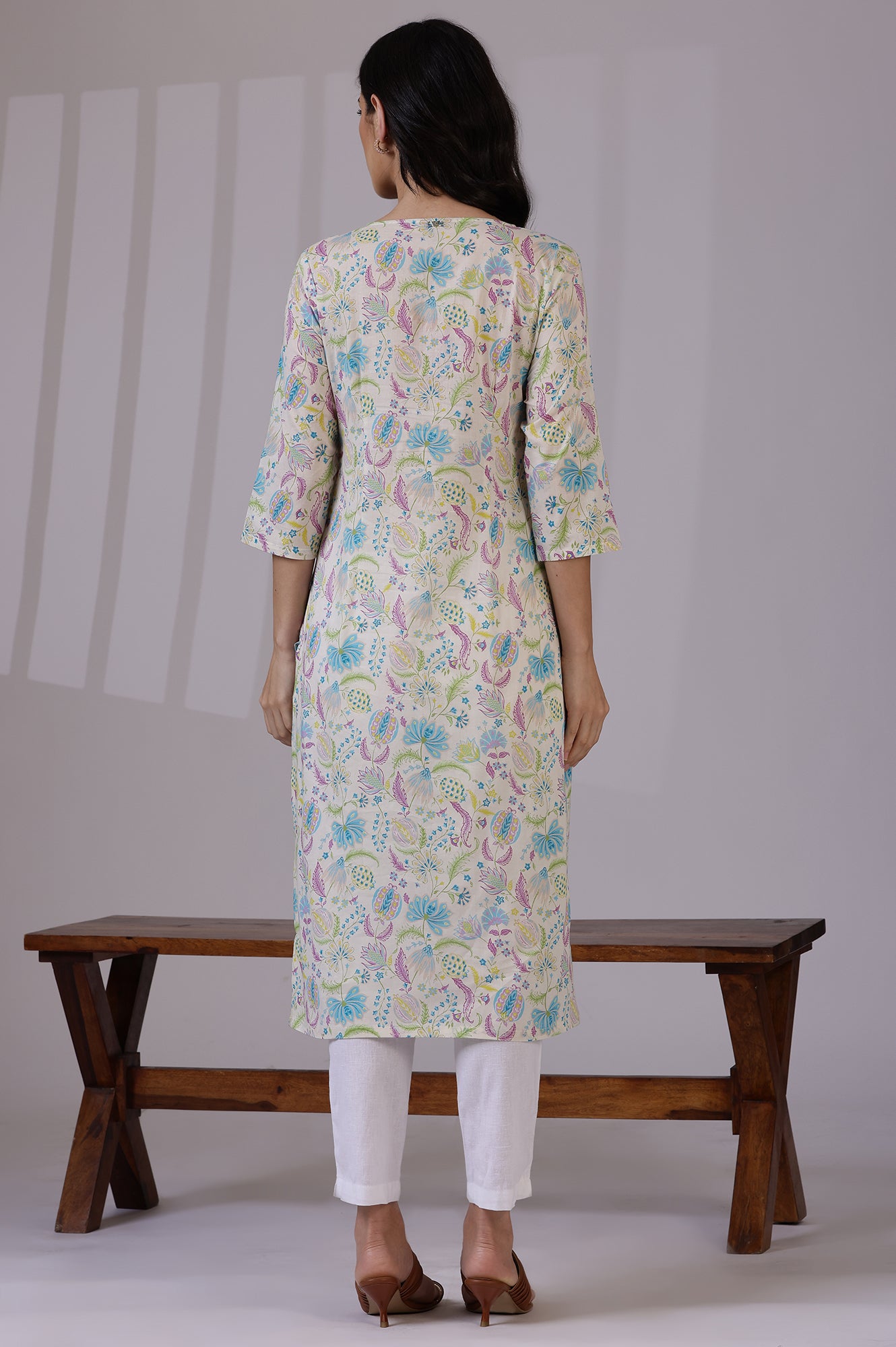 Light Beige Floral Printed Pure Cotton Straight Kurta