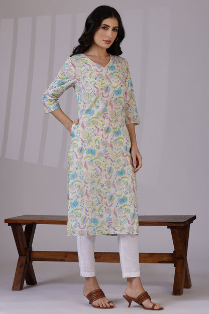 Light Beige Floral Printed Pure Cotton Straight Kurta