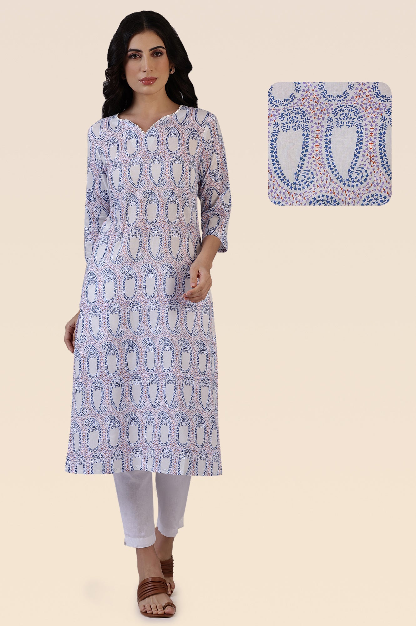 Off-White Floral Printed Pure Cotton Straight Kurta