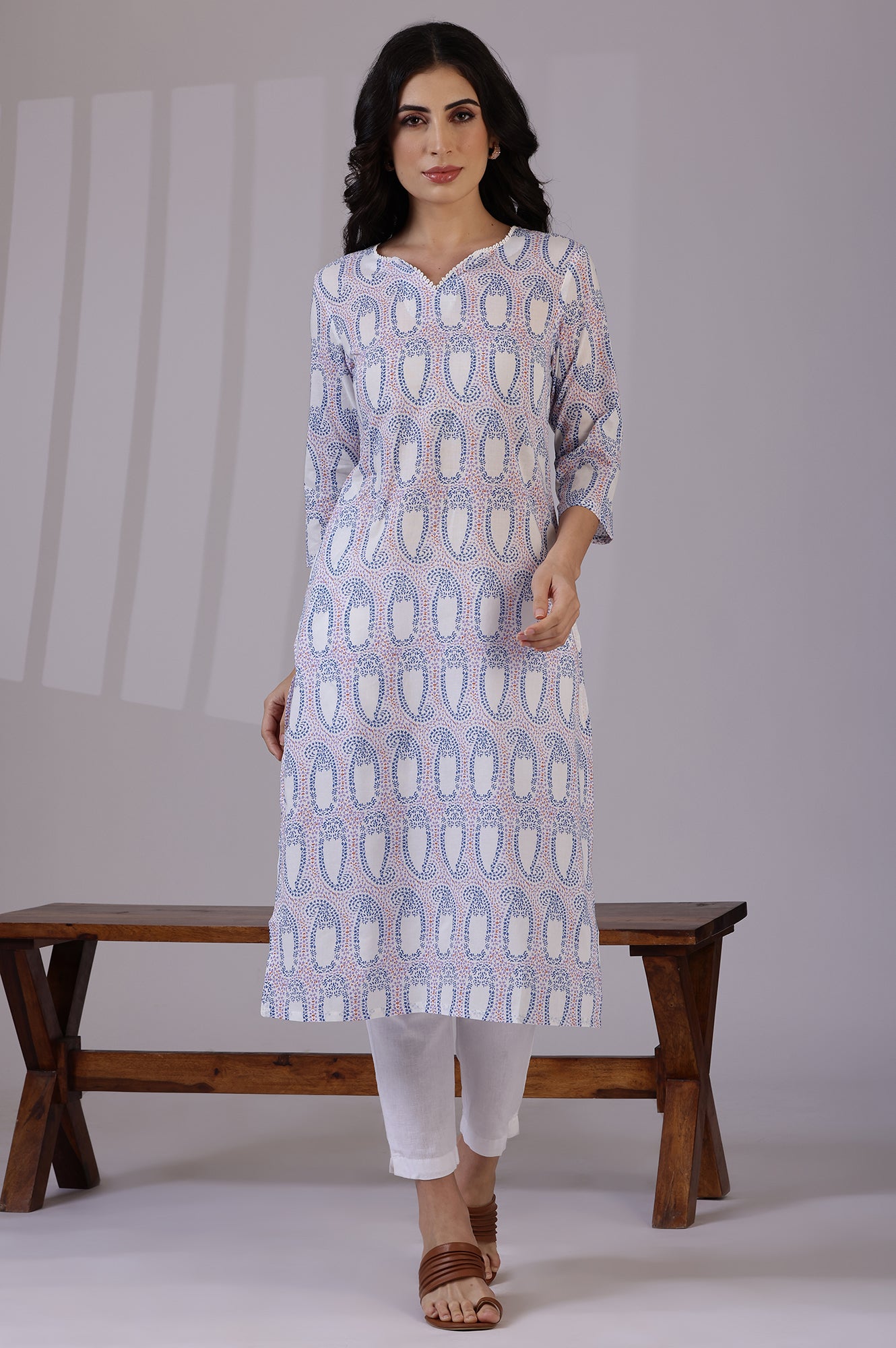 Off-White Floral Printed Pure Cotton Straight Kurta