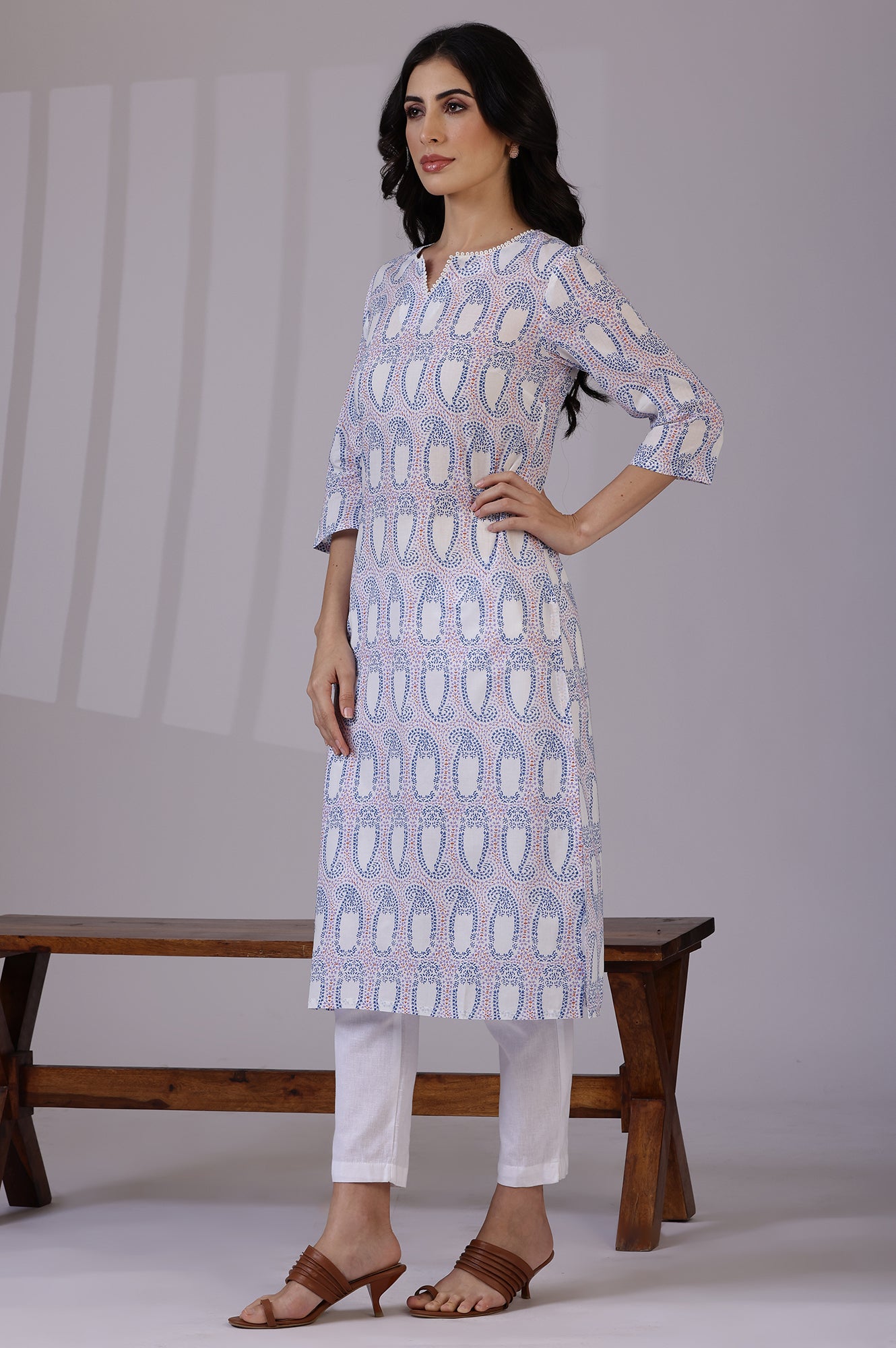 Off-White Floral Printed Pure Cotton Straight Kurta