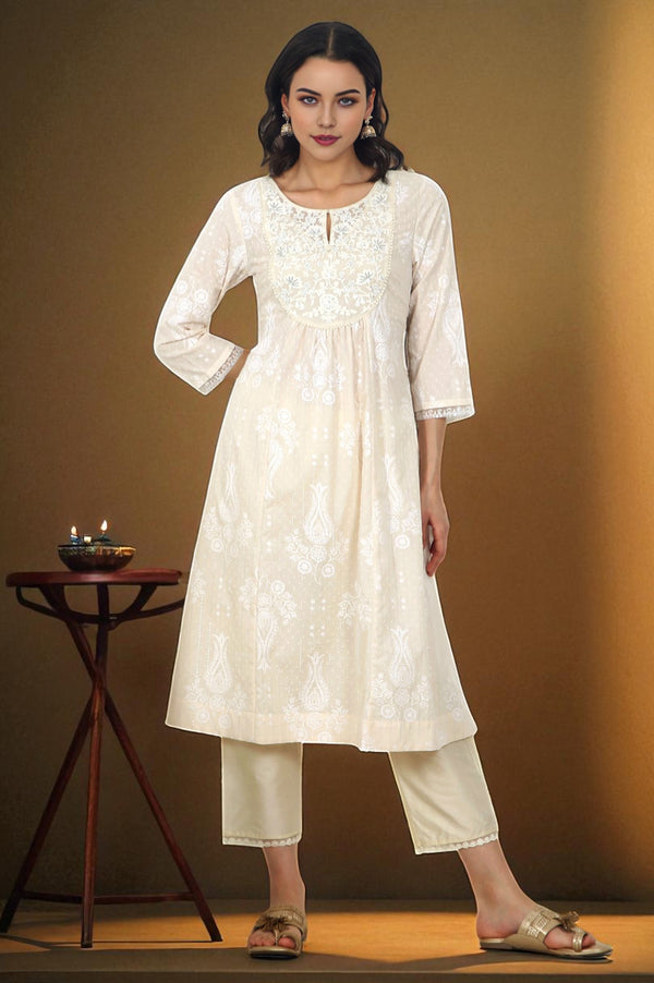 Daisy White Floral Printed Pure Cotton A-line Kurta