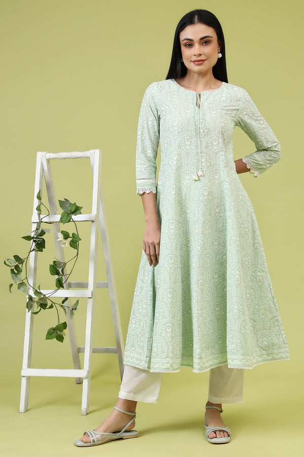 Mint Green Floral Printed Pure Cotton Anarkali Kurta