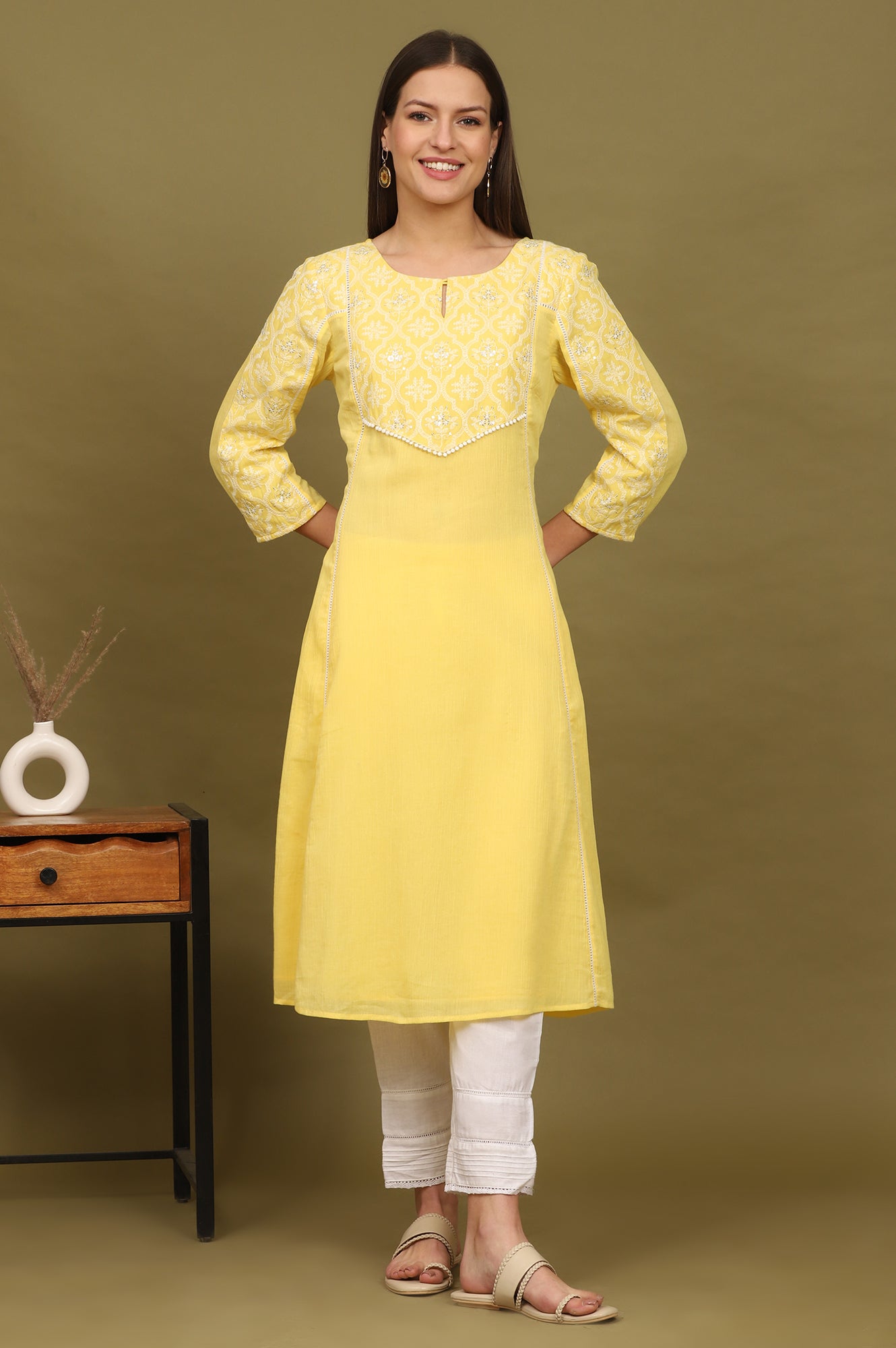 Daffodil Yellow Embroidered Yoke Crinkle Cotton Flared Kurta