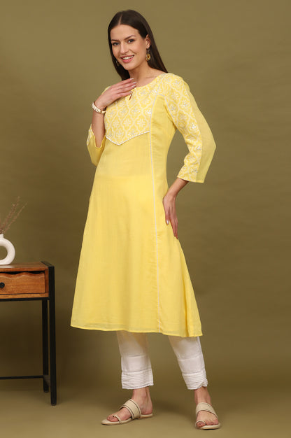 Daffodil Yellow Embroidered Yoke Crinkle Cotton Flared Kurta
