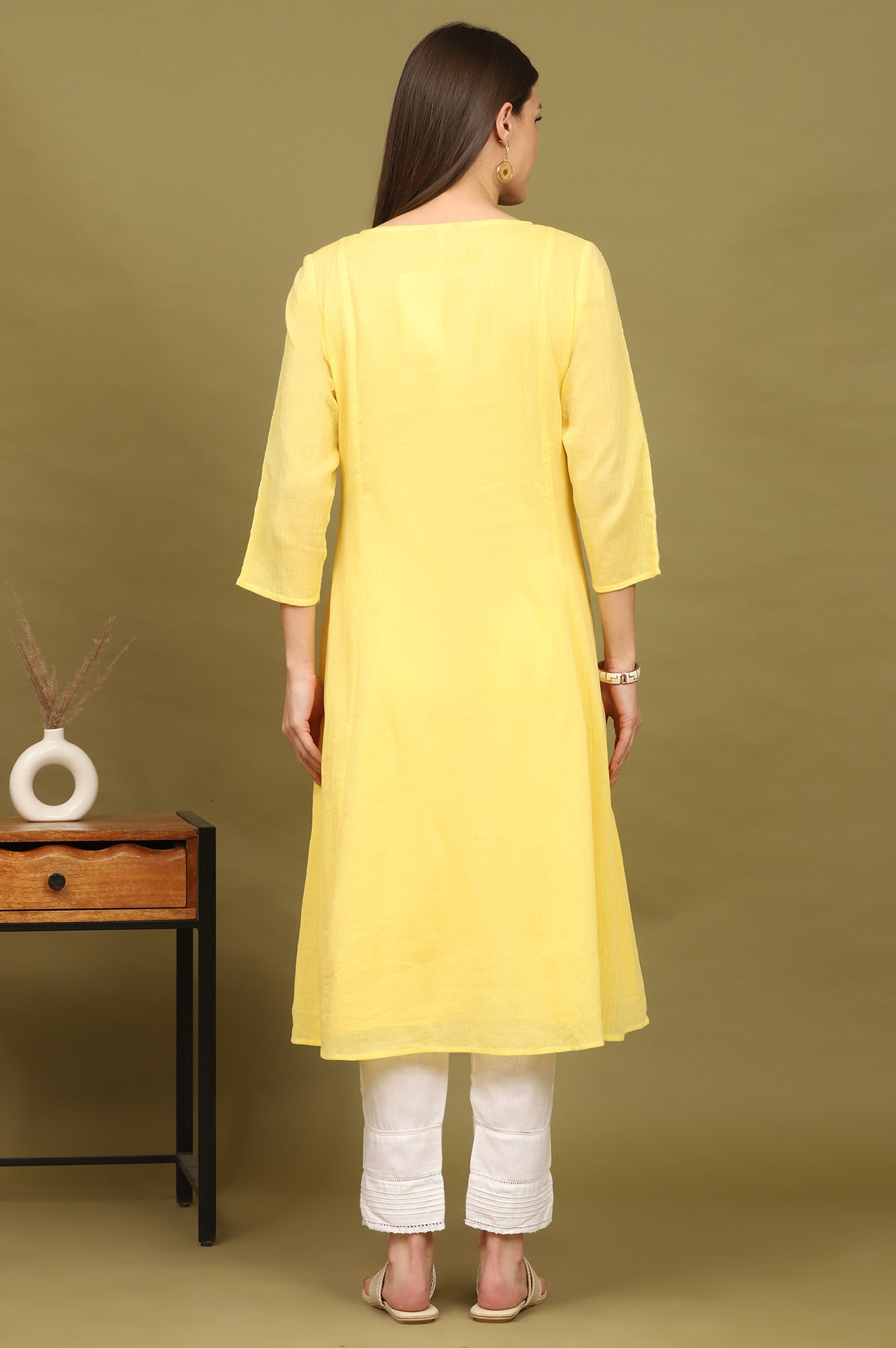 Daffodil Yellow Embroidered Yoke Crinkle Cotton Flared Kurta