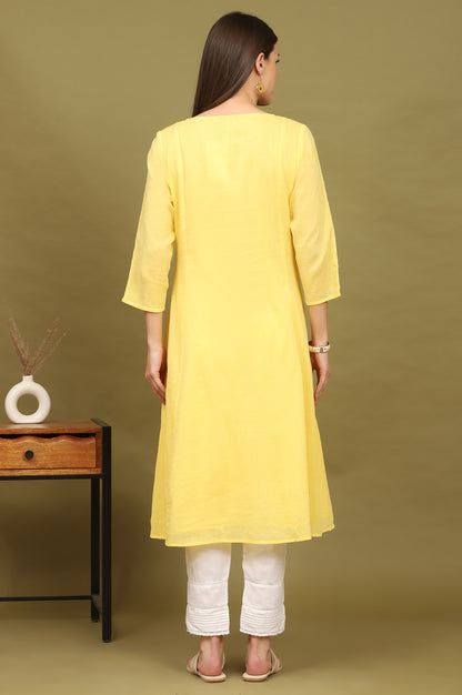 Daffodil Yellow Embroidered Yoke Crinkle Cotton Flared Kurta