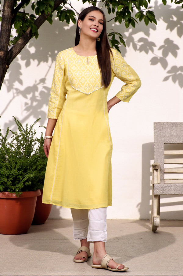 Daffodil Yellow Embroidered Yoke Crinkle Cotton Flared Kurta