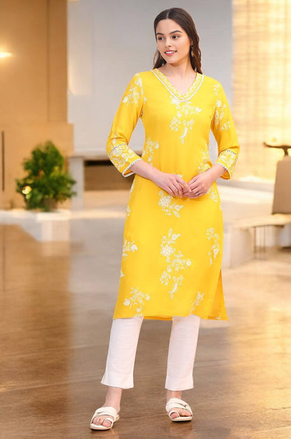 Mango Yellow Floral Printed Shantung A-line Kurta