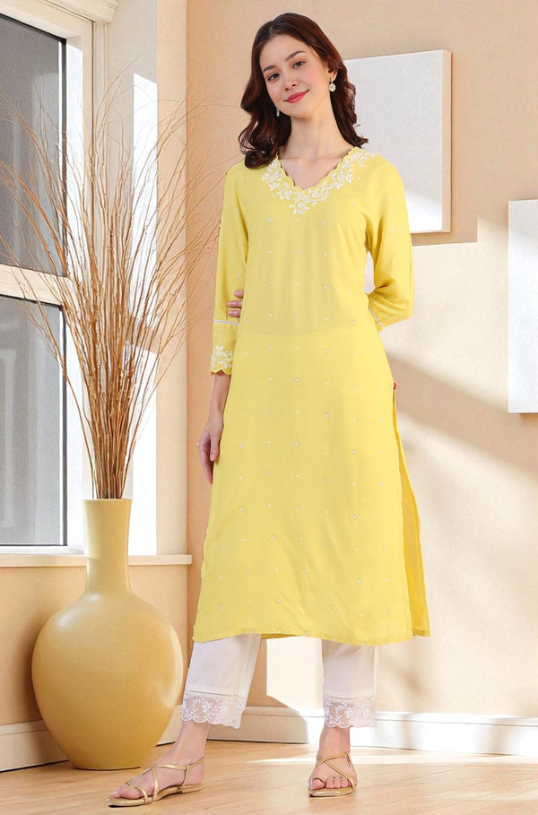 Yellow Floral Printed A-Line Viscose Kurta