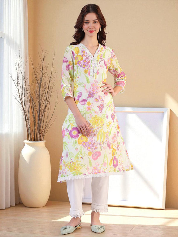 Cream Floral Printed Straight Kota Lace Kurta