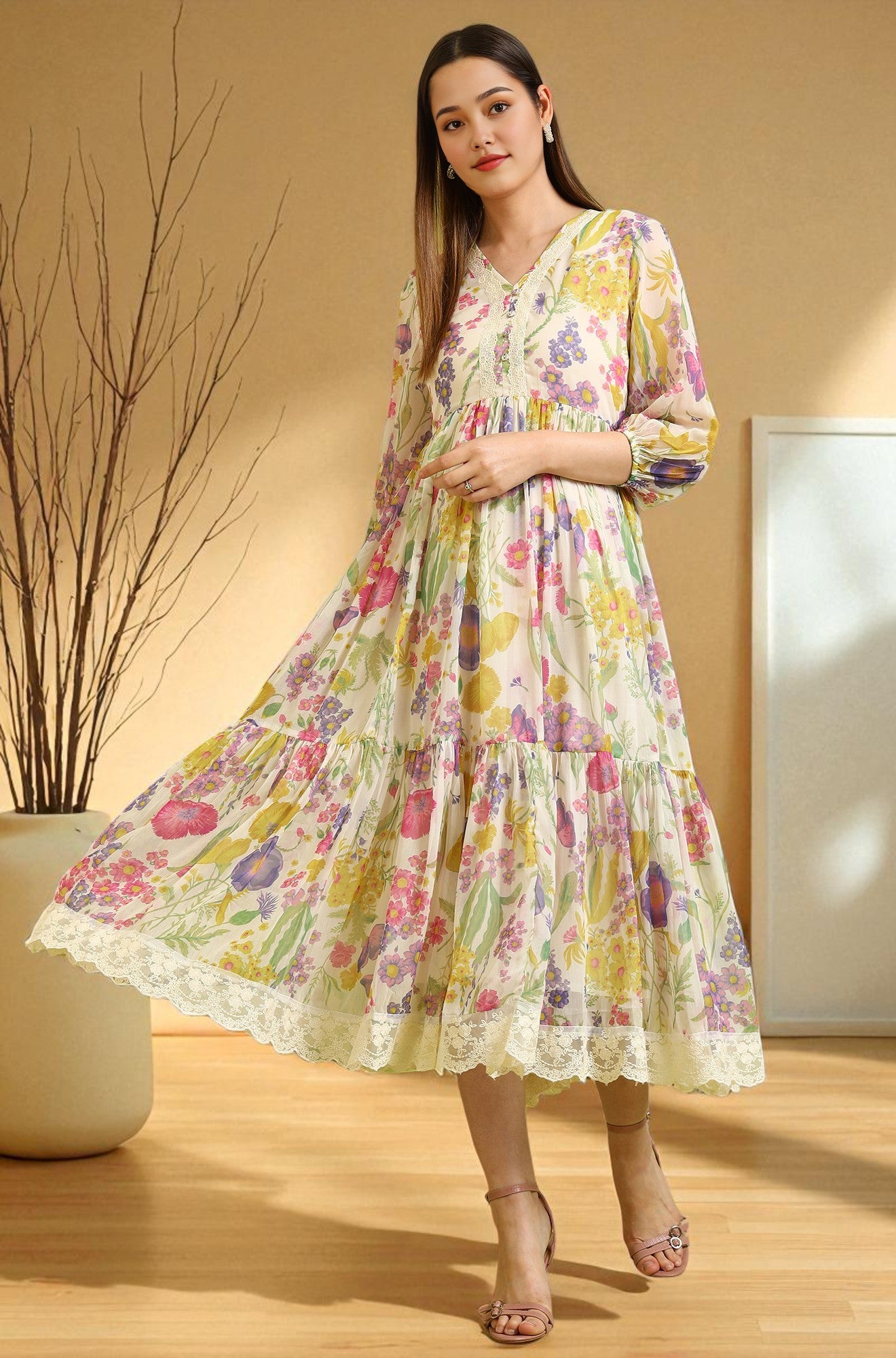 White Floral Printed Tiered Chiffon Dress with Lace Detail – wforwoman