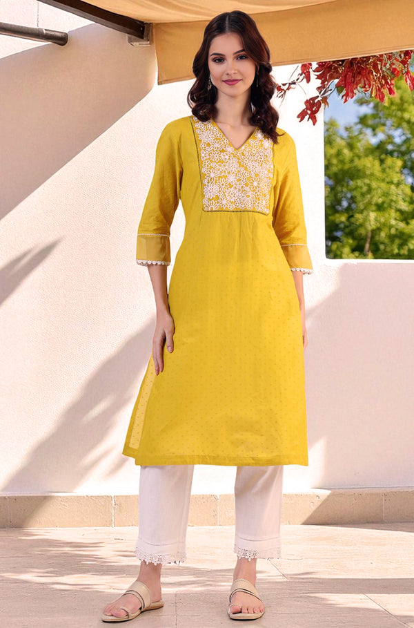 Yellow Solid Straight Pure Cotton Kurta