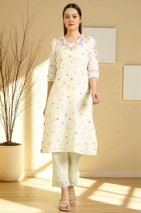 White Floral Printed A-Line Pure Cotton Kurta