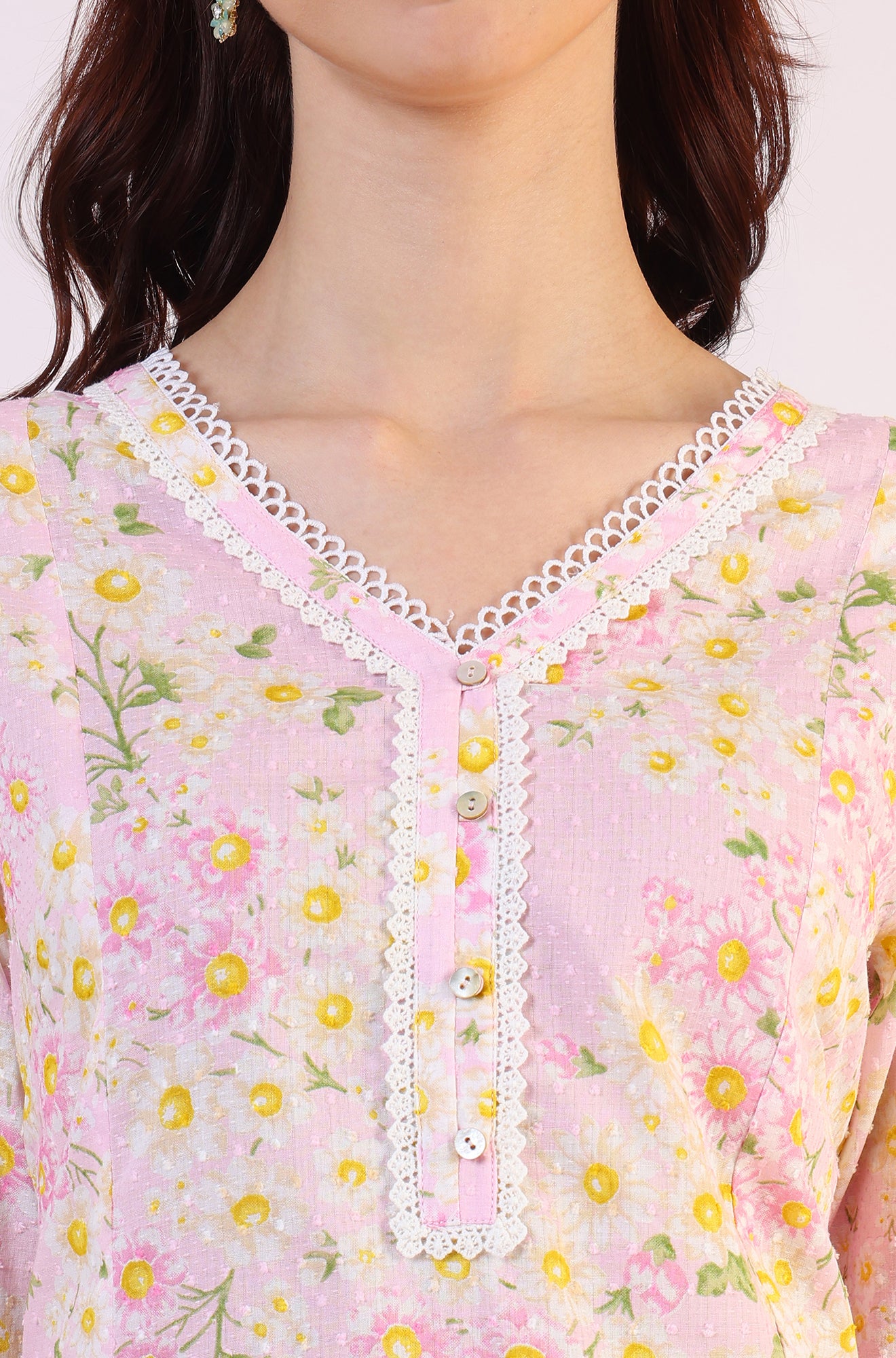 Floral Printed Straight Pure Cotton Textured Kurta with Lace