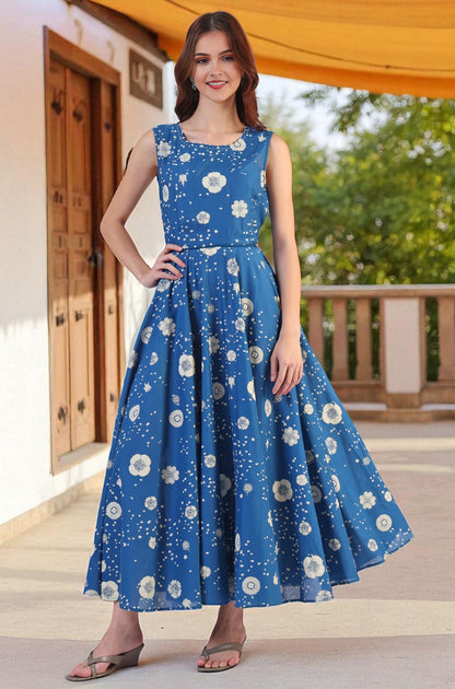 Ocean Blue Floral Printed Pure Cotton Flared Dress in Boat Neck