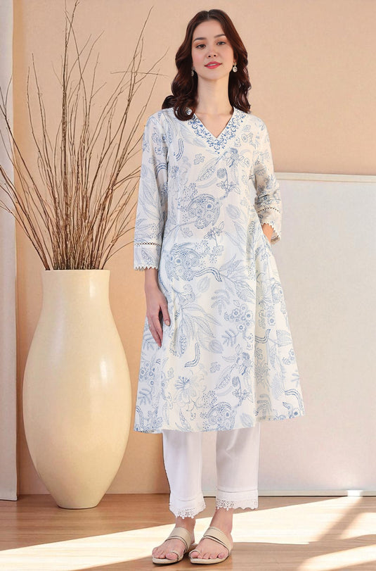 Black & Off White Printed 3/4Th Sleeve Cotton A-Line Kurta