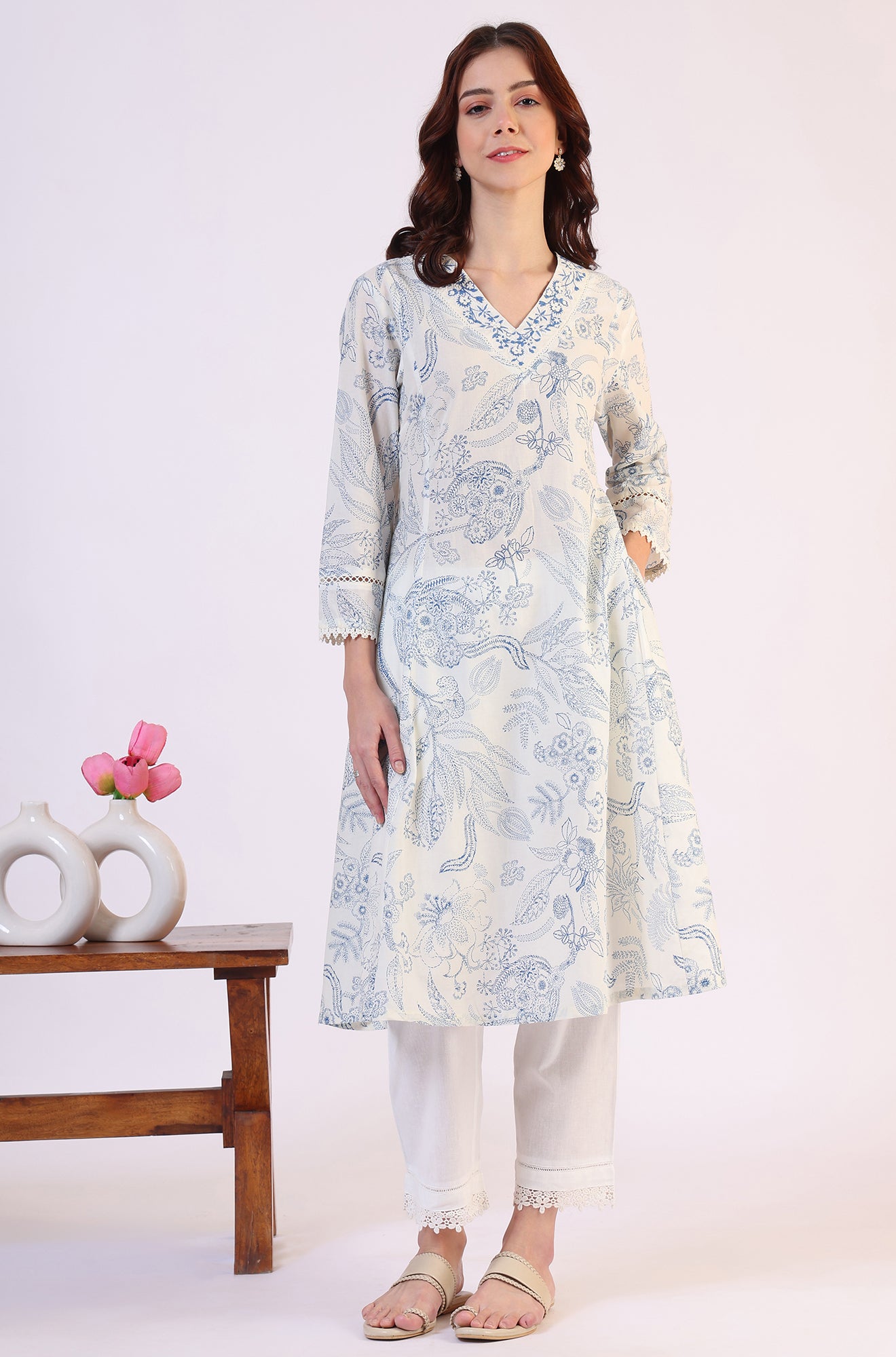 White A-Line Floral Printed Kurta