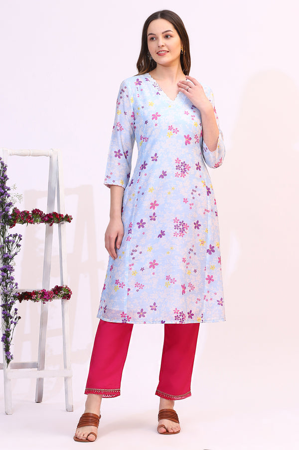 Sky Blue Floral Printed Sequined Chanderi Straight Kurta with Scalloped Neck