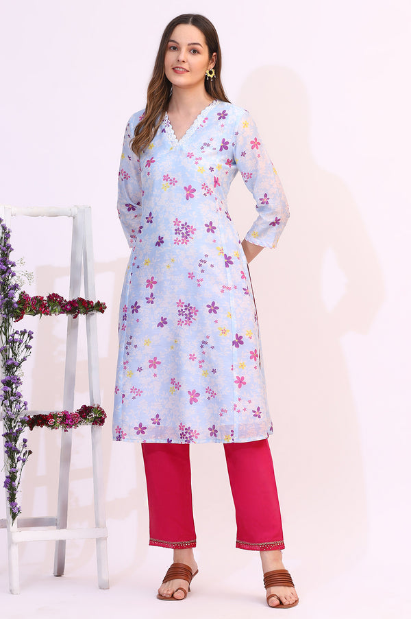 Sky Blue Floral Printed Sequined Chanderi Straight Kurta with Scalloped Neck