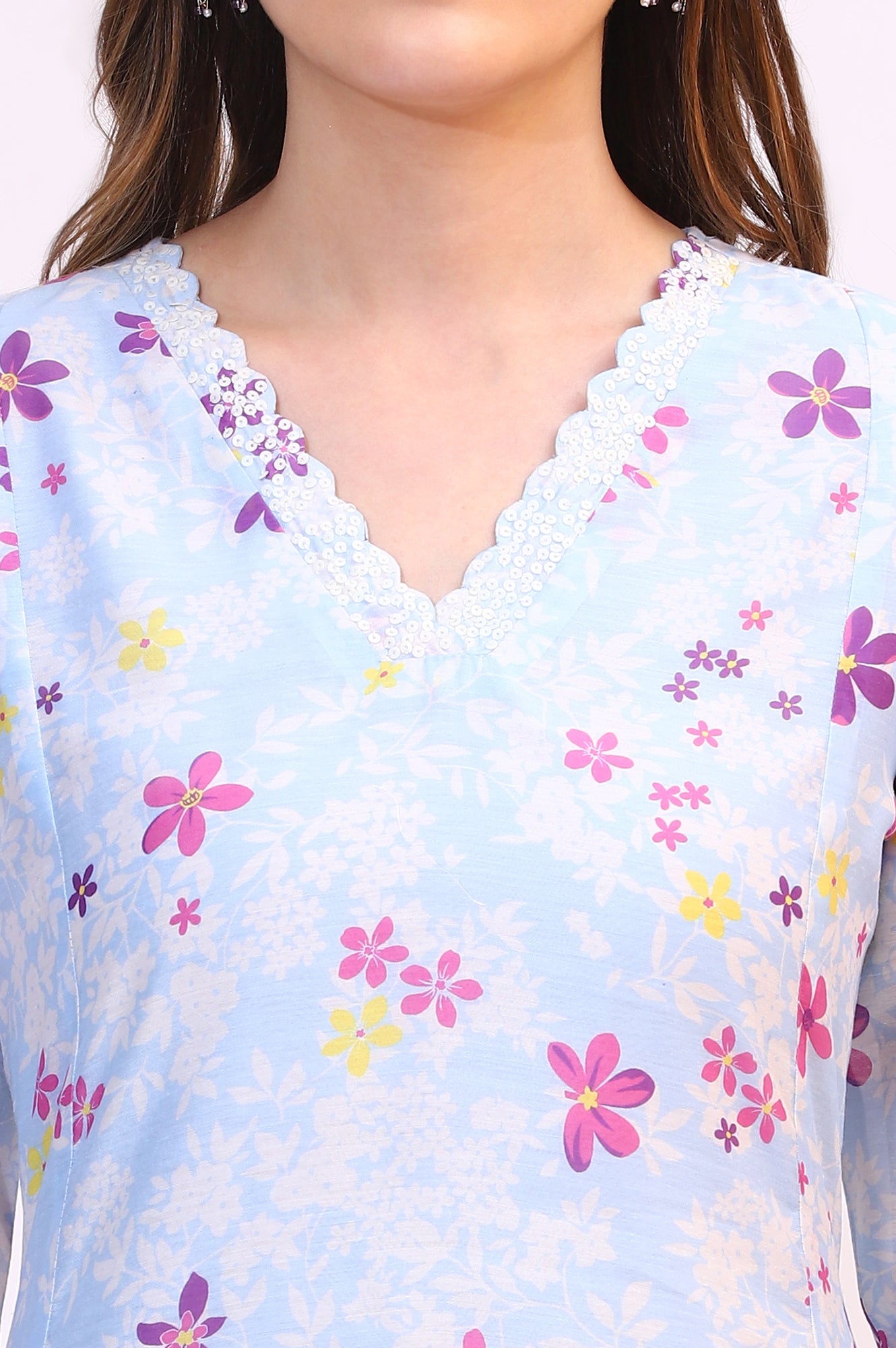 Sky Blue Floral Printed Sequined Chanderi Straight Kurta with Scalloped Neck