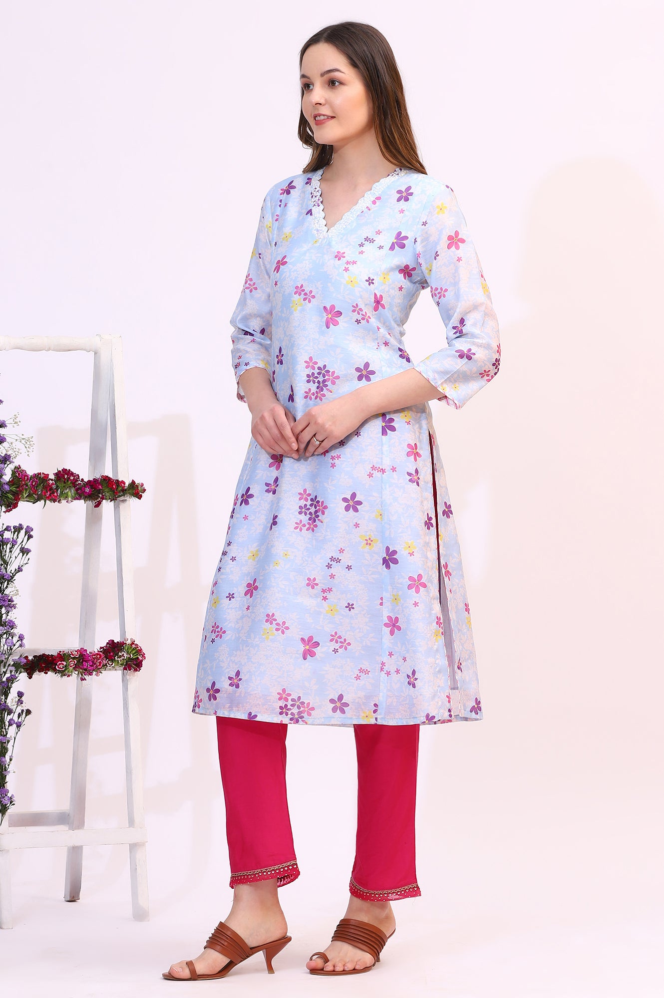 Sky Blue Floral Printed Sequined Chanderi Straight Kurta with Scalloped Neck