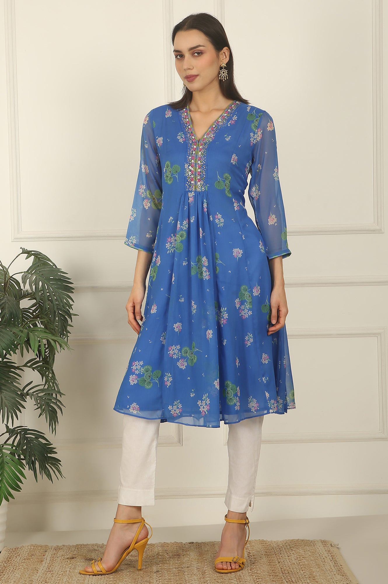Blue Chiffon Floral Printed Gathered Kurta